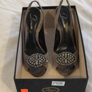 Delman Anthracite Satin Peep-Toe Pumps